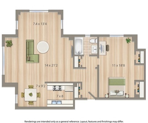 Floor plan for 1 bed, 1 bath, 884 sqft